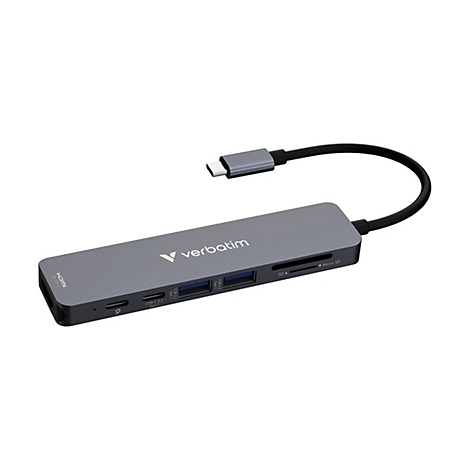 Grauer Verbatim USB-C-Hub mit mehreren Anschlüssen, darunter HDMI, USB-C, USB-A und SD-Karten-Slots.