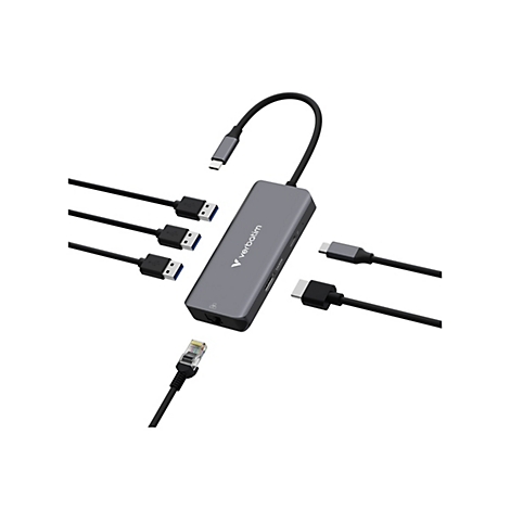 Grauer Verbatim USB-C Hub mit angeschlossenen Kabeln und verschiedenen Anschlüssen auf weißem Grund.