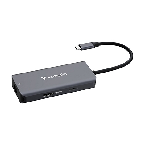 Grauer Verbatim USB-C-Multiport-Adapter mit HDMI- und LAN-Anschluss vor weißem Hintergrund.