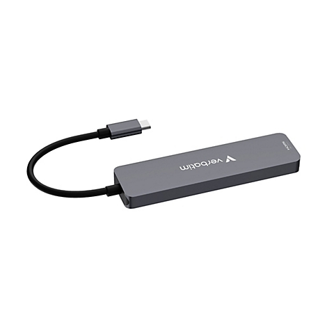 Grauer Verbatim USB-C auf HDMI-Adapter vor weißem Hintergrund.