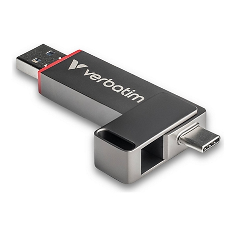 Ein grauer USB-Stick mit USB-A- und USB-C-Anschlüssen. Der Stick hat das Logo von Verbatim.