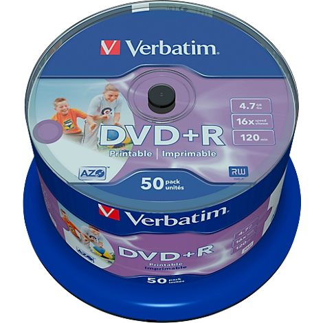 Two stacks of Verbatim DVD+R blanks in a blue container. Prints show the logo, product name and specifications.