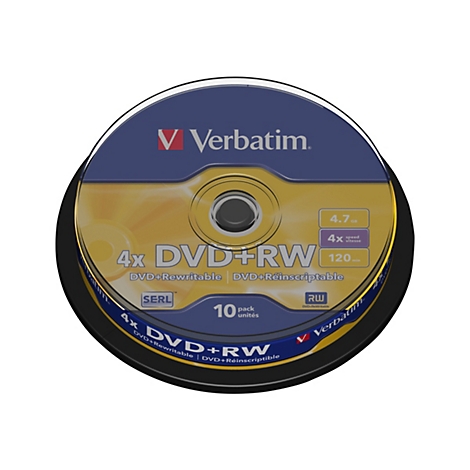 Eine Packung Verbatim DVD+RWs in blauer und goldener Verpackung. Aufschrift: 4x DVD+RW.