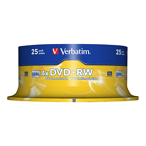Un paquet DVD+RW jaune et bleu avec le logo Verbatim et le texte 4x DVD+RW.