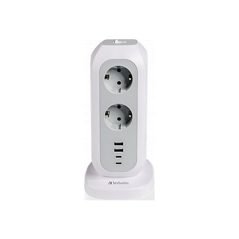 Vertikaler Steckdosenwürfel von Verbatim mit zwei Steckdosen und USB-Anschlüssen in Weiß auf weißem Hintergrund.