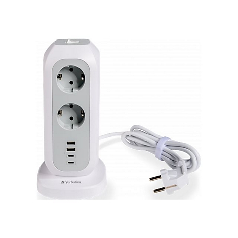 Weiße, turmförmige Steckdosenleiste von Verbatim mit zwei Schuko-Steckdosen und vier USB-Anschlüssen.