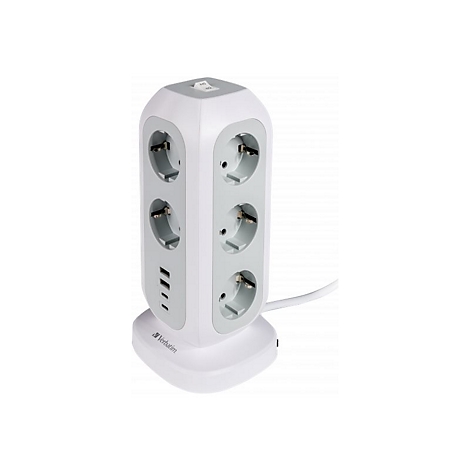 Vertikaler Mehrfachstecker in Weiß und Grau mit vier Steckdosen, USB-Anschlüssen und Verbatim-Logo.