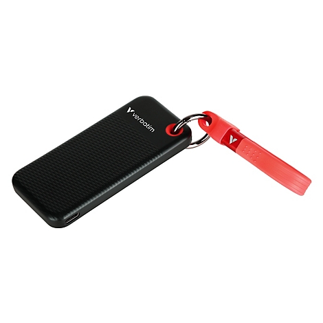 Schwarzer Verbatim USB-Stick mit strukturierter Oberfläche und roter Schlaufe vor weißem Hintergrund.