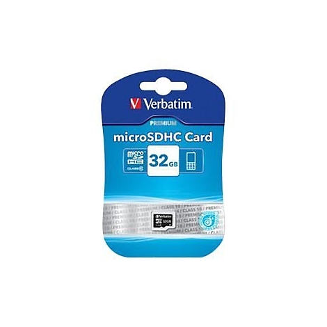 Verbatim 32GB microSDHC Premium Speicherkarte in blau weißer Verkaufspackung.