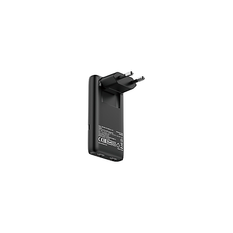 Ein schwarzes Netzteil mit Eurostecker, Details der Beschriftung auf der Rückseite.
