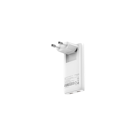 Weißes Ladegerät mit EU-Stecker, zwei USB-Anschlüssen und gedruckten Informationen auf der Rückseite.
