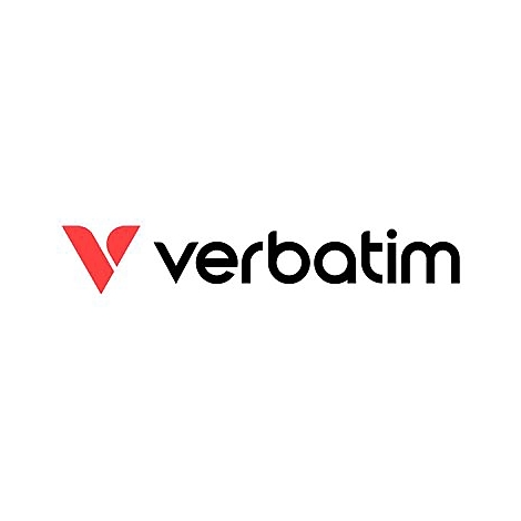 Das rote Firmenlogo von Verbatim mit dem stilisierten V und dem Schriftzug verbatim in schwarz.