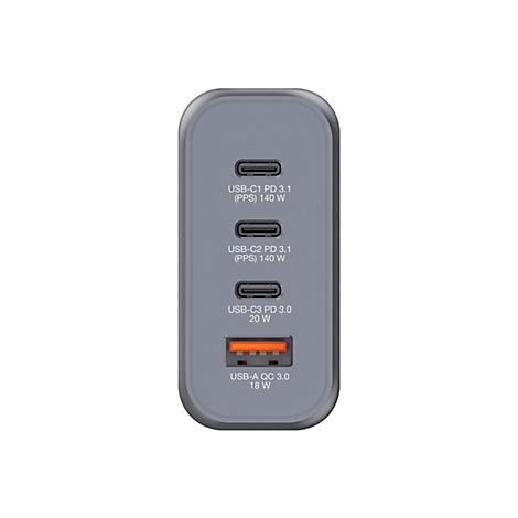 Chargeur USB-C gris et rectangulaire, avec diverses options de connexion et puissances.
