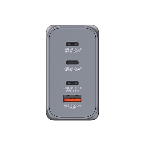 Adaptateur de chargeur USB gris avec quatre ports : trois USB-C et un USB-A, étiquetés avec des puissances.