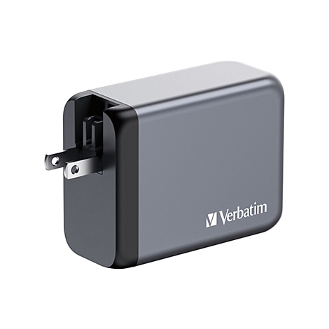 Adaptateur secteur gris avec logo Verbatim et prise. Le boîtier rectangulaire a des coins arrondis.