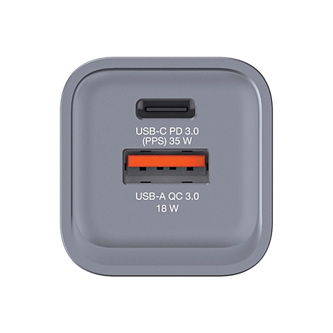 Chargeur USB carré gris avec deux ports. USB-C en haut, USB-A en bas. Texte : USB-C PD 3.0 (PPS) 35 W, USB-A QC 3.0 18 W.