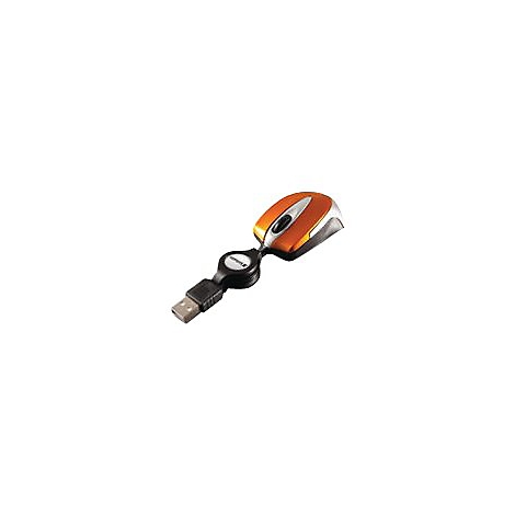 Kompakte, orangefarbene Notebook-Maus mit schwarzem Aufrollkabel und USB-Anschluss vor weißem Hintergrund.