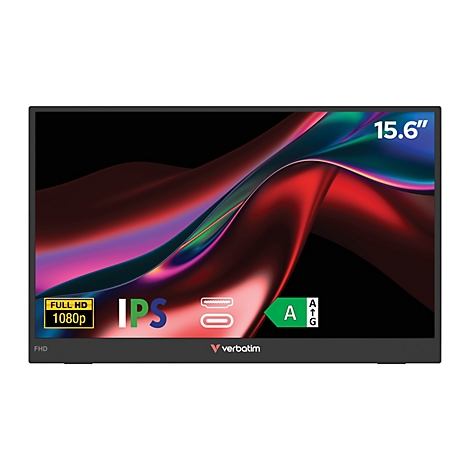 15,6 Zoll Verbatim Monitor mit Full HD, IPS-Technologie und Energieeffizienzklasse A vor neutralem Hintergrund.