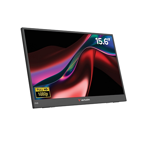 Schwarzer, schlanker 15,6 Zoll Verbatim Monitor mit Full HD 1080p Auflösung vor weißem Hintergrund.
