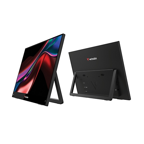 Zwei schwarze, tragbare Monitore der Marke Verbatim vor weißem Hintergrund. Einer zeigt das Display, einer die Rückseite.