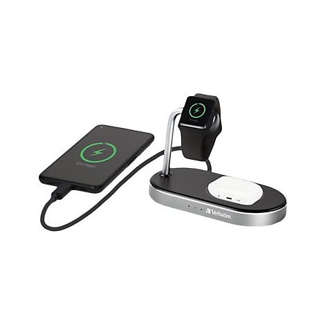 Drahtlose Ladestation mit Handy, Smartwatch und Kopfhörern, die gerade aufgeladen werden.