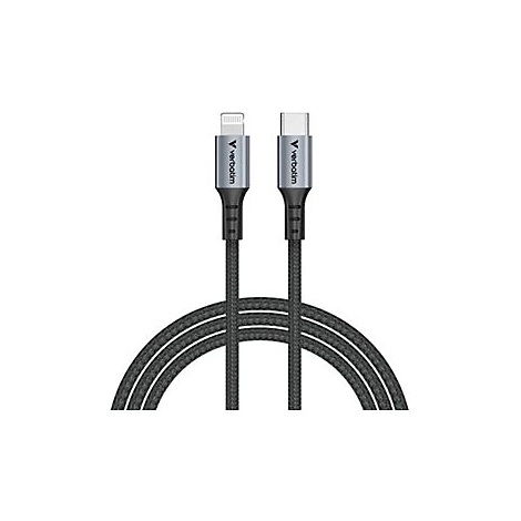 Schwarz geflochtenes USB-C-auf-Lightning-Kabel. Auf den Steckern steht "Verbatim".