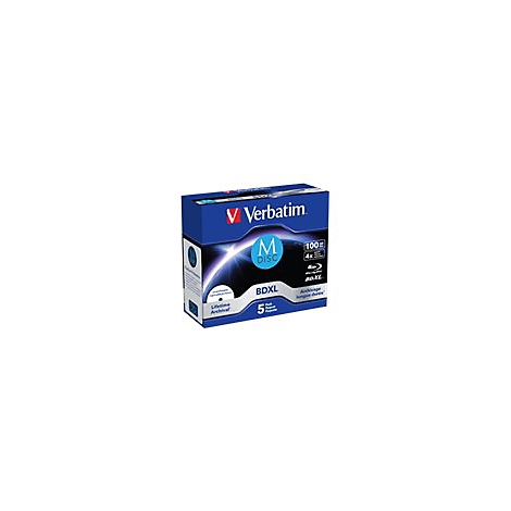 Emballage bleu Verbatim avec lettrage blanc et bleu et le logo M-Disc.