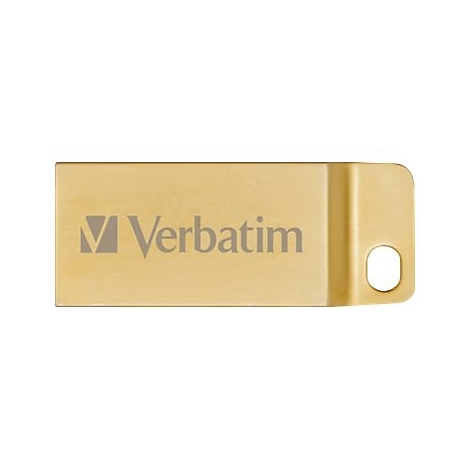 Goldfarbener USB-Stick mit dem Logo Verbatim. Mit Loch zum Befestigen.