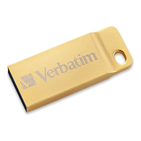 Goldfarbener USB-Stick mit dem Aufdruck 'Verbatim'.