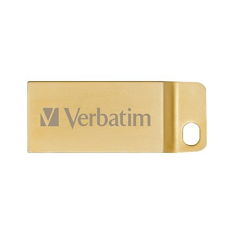Goldener USB-Stick mit dem Verbatim-Logo. Am Ende eine Öse.