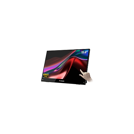 Ein schwarzer 15,6-Zoll-Touchscreen-Monitor mit buntem Hintergrund und einem Finger, der auf das Display zeigt.