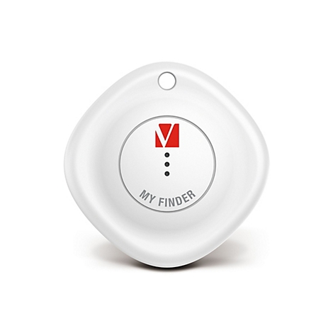 Localisateur blanc en forme de goutte d'eau avec le logo "V" rouge et trois points noirs. Inscription "MY FINDER".
