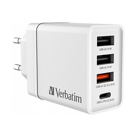 Weißes USB-Ladegerät mit vier Anschlüssen und Verbatim-Logo.
