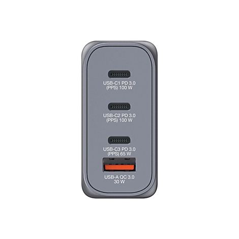 Grauer, rechteckiger USB-Ladegerät, mit vier Anschlüssen: drei USB-C und ein USB-A Anschluss. Beschriftungen zeigen Leistung und Typ.