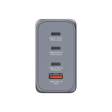 Grauer USB-Ladegerät-Adapter mit vier Anschlüssen, beschriftet mit den Spezifikationen für jeden Port.