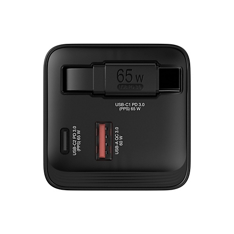 Schwarzes Ladegerät mit USB-Anschlüssen. Oben steht 65W, darunter USB PD 3.0. Auf der Seite steht USB-C2 PD 3.0 (PPS) 65 W und USB-A QC 3.0 60 W.