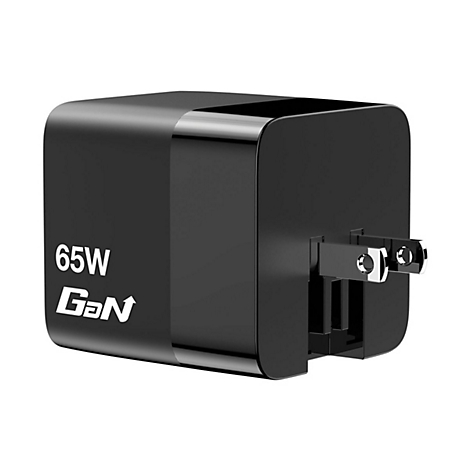 Schwarzes Ladegerät, Aufschrift "65W GaN". Mit US-Stecker.