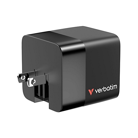 Schwarzes Ladegerät mit US-Stecker und Verbatim-Logo.