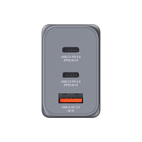 Grauer USB-Ladegerätadapter mit drei Anschlüssen, beschriftet mit USB-C1 PD 3.0 (PPS) 65 W, USB-C2 PD 3.0 (PPS) 65 W und USB-A QC 3.0 30 W.