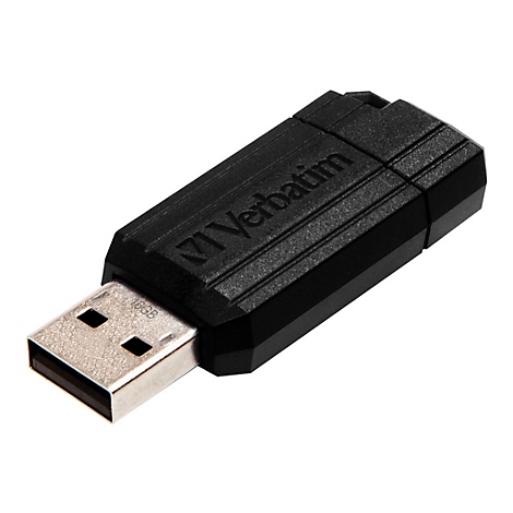Schwarzer Verbatim USB-Stick mit 16 GB Speicherkapazität vor weißem Hintergrund.