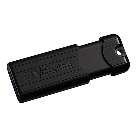 Schwarzer USB-Stick von Verbatim. Der Stecker ist ausgezogen. Der USB-Anschluss hat eine blaue Innenseite.