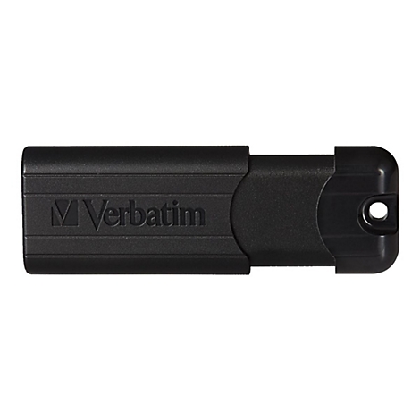 Schwarzer USB-Stick von Verbatim. Der Deckel ist teilweise aufgeschoben, ein Loch für die Befestigung ist zu sehen.