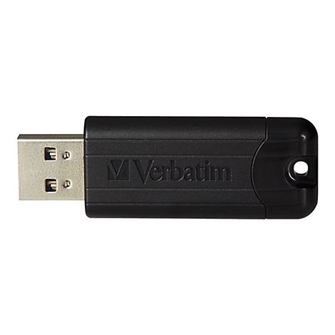 Schwarzer USB-Stick, Stecker aus Metall, Gehäuse mit 'Verbatim'-Schriftzug und Loch.
