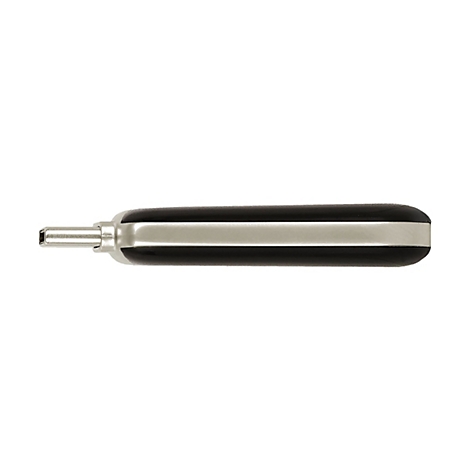 Ein silberner und schwarzer Metallstift auf weißem Grund.