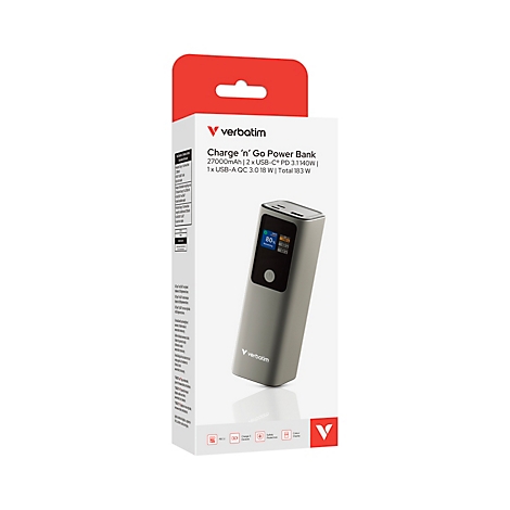 Verbatim Powerbank in grauer Verpackung mit Displayanzeige.