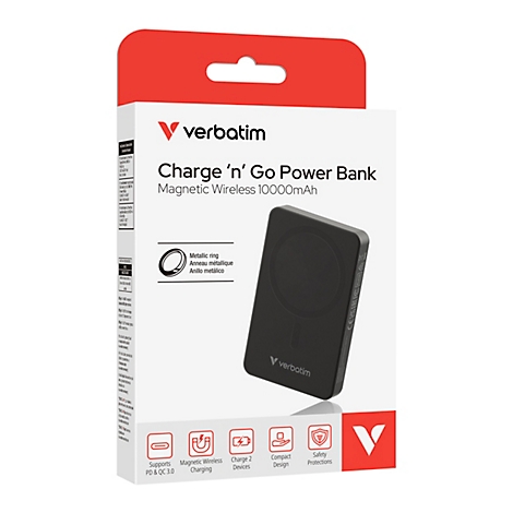 Verpackung der Verbatim Charge 'n' Go Power Bank, schwarz, magnetisch, 10000mAh.