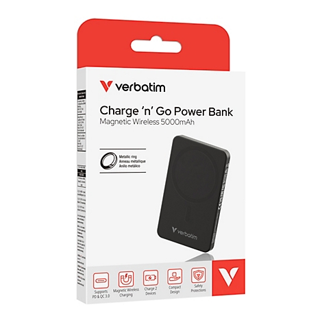 Verpackung der schwarzen Verbatim Charge 'n' Go Powerbank mit 5000mAh.