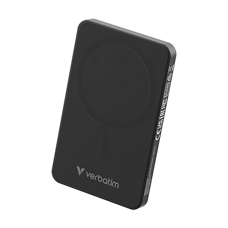 Schwarze Verbatim Powerbank im rechteckigen Format mit MagSafe-Kreis auf der Vorderseite.