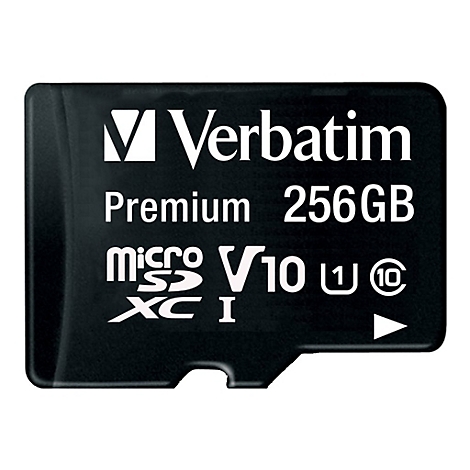 Schwarze Micro-SD-Karte mit weißem 'Verbatim'-Logo, 'Premium 256GB' und weiteren Kennzeichnungen.