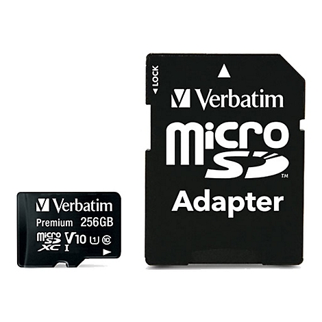 Schwarze Micro-SD-Karte und Adapter von Verbatim. Aufschrift: Micro SD Adapter, 256GB.